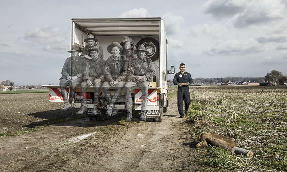 Recovering the Past by Ian Alderman is a photographic exhibition featuring historical photographs of Australia’s famed diggers, overlaid with Ian’s contemporary photographs of the Belgian Army’s Flanders-based bomb disposal team.