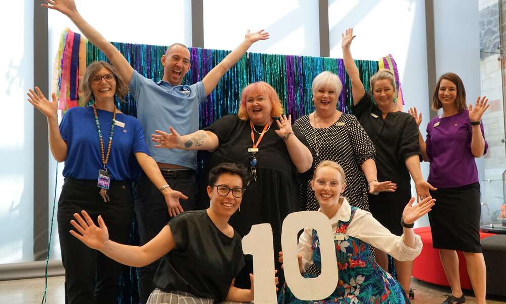 The Riddoch Arts and Cultural Centre staff Melissa Horton (left), Rowan Thurlings, Serena Wong (front left), Talie Teakle, Lily Higgs (front right), Jo-anne Bowering, Lisa Priddle and Emma Telford are ready to celebrate the centre's 10th birthday on 10 December 2021.
