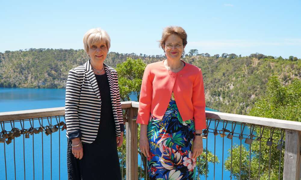 Mayor Lynette Martin and Her Excellency the Honourable Frances Adamson AC at the Blue Lake.